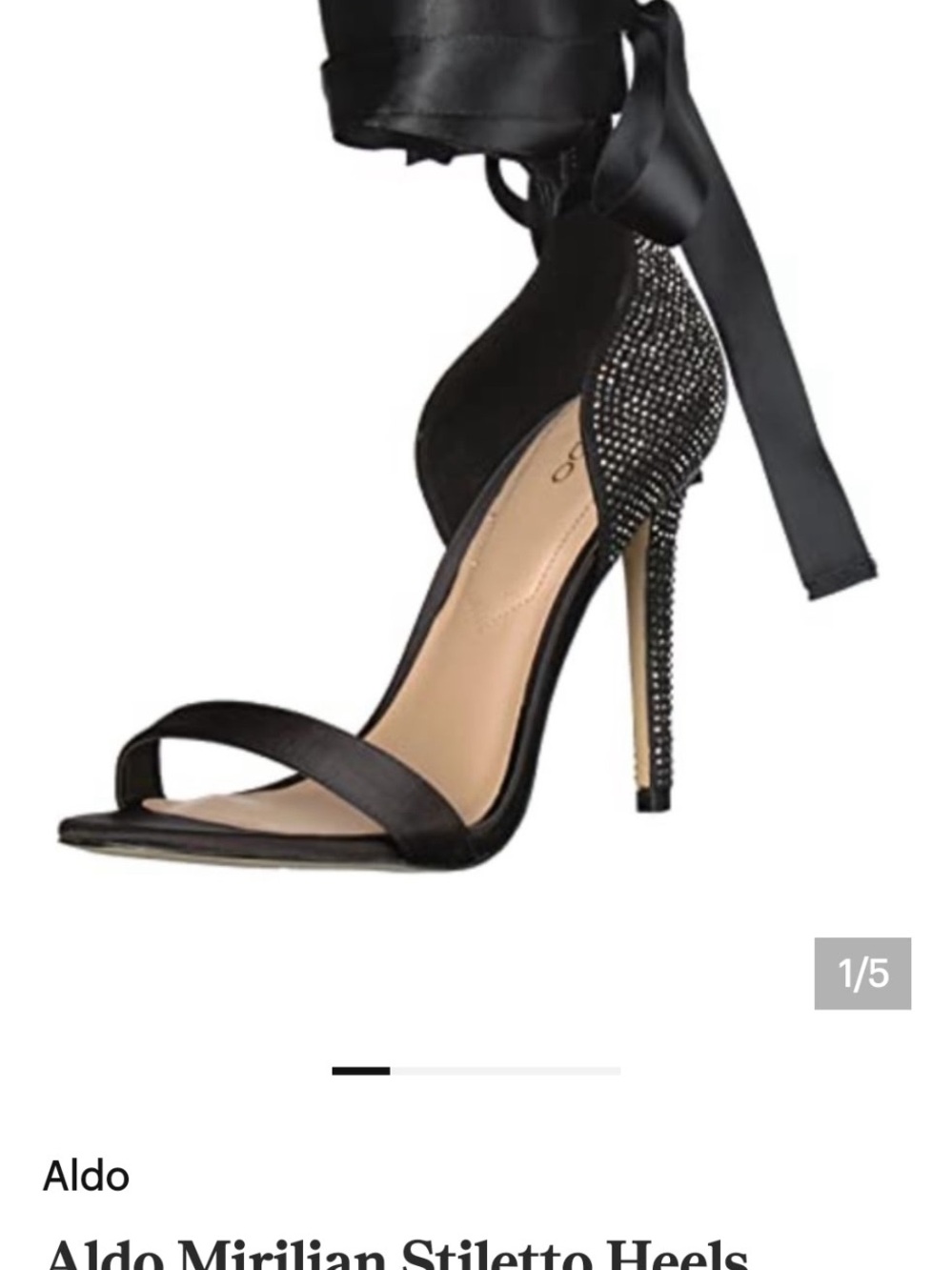 Aldo Black Satin Ankle-Tie Stiletto Heels with Crystal-Embellished Heel